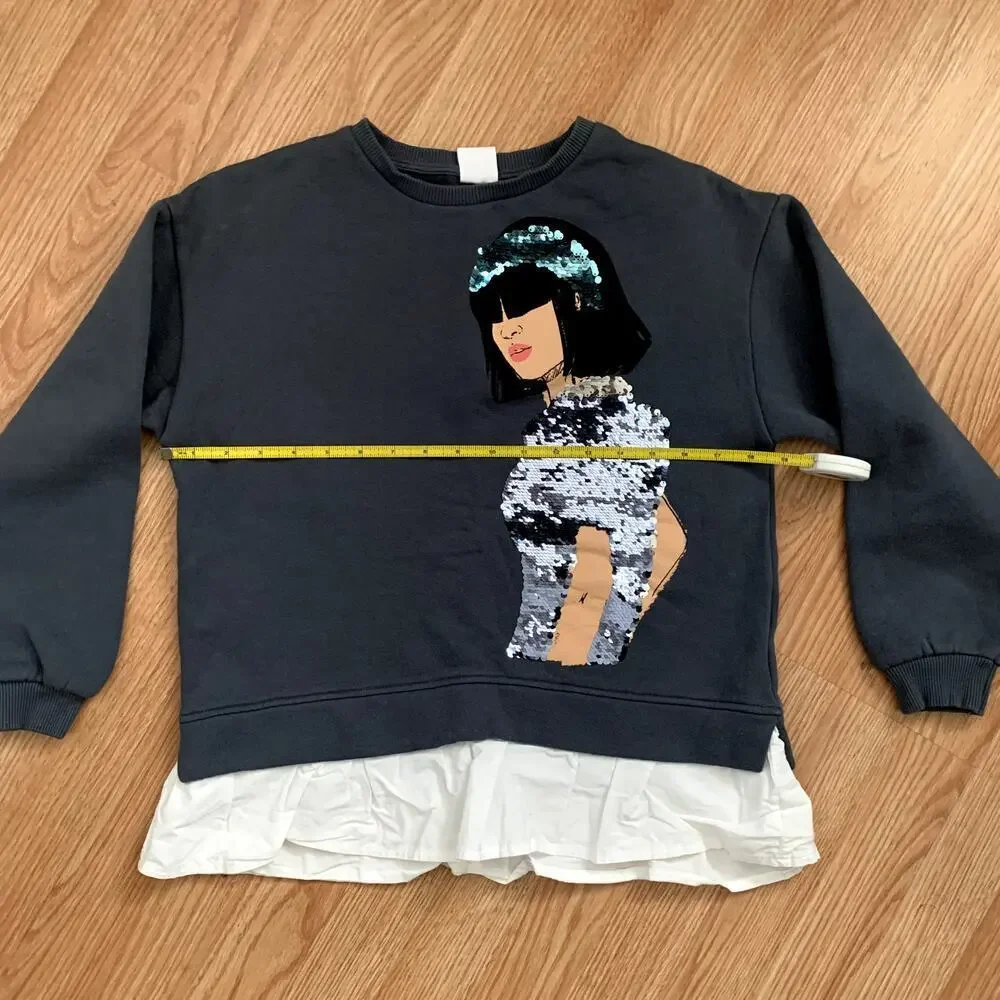 Zara Sequined Girl Graphic Peplum Crewneck Cotton Sweatshirt Size 13-14